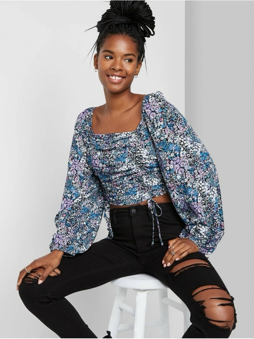 Floral Ruched Long Sleeve Crop Top